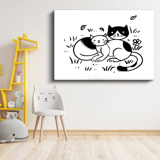 Kedi Dostlar - Siyah Beyaz Minimalist Çizim Kanvas Tablo