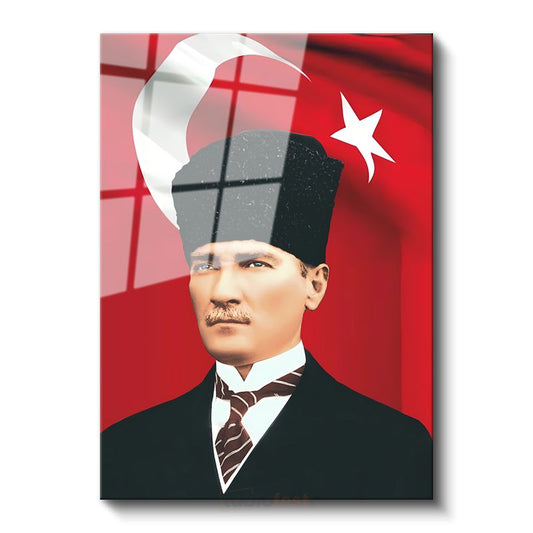 Türk Bayrağı Önünde Atatürk - Kalpak ve Resmi Kıyafet Cam Tablo