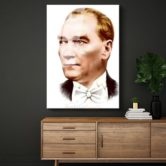 Beyaz Papyonlu Atatürk - Modern Çizgili Portre Cam Tablo