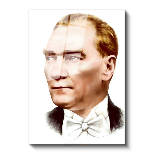 Beyaz Papyonlu Atatürk - Modern Çizgili Portre Cam Tablo