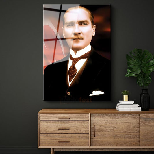 Türk Bayrağı Fonlu Atatürk - Vizyon Sahibi Lider Cam Tablo