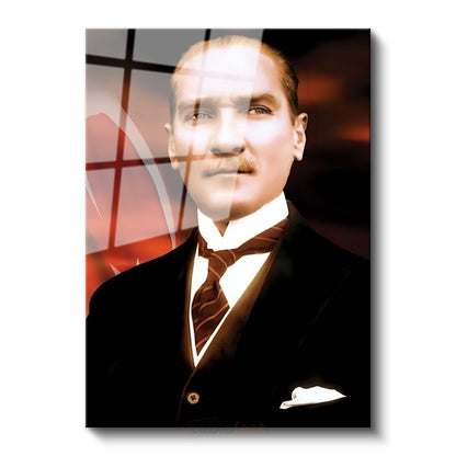 Türk Bayrağı Fonlu Atatürk - Vizyon Sahibi Lider Cam Tablo