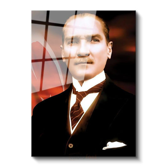 Türk Bayrağı Fonlu Atatürk - Vizyon Sahibi Lider Cam Tablo