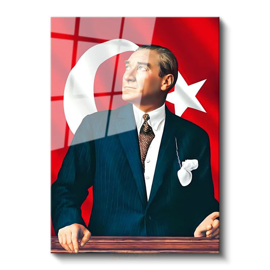 Kalpak ve Kravatlı Atatürk - Resmi Portre Cam Tablo