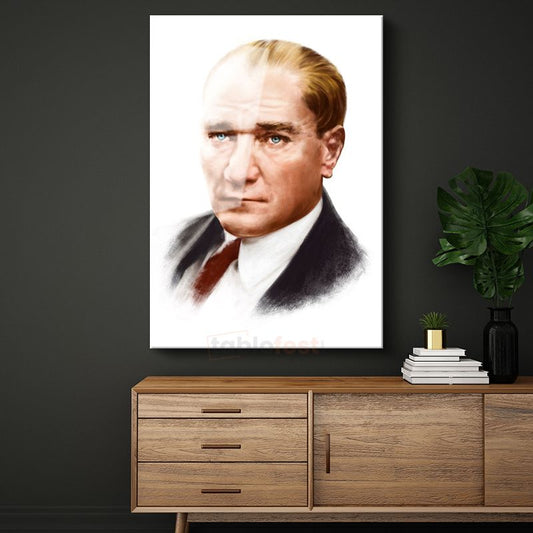 Sanatsal Atatürk - Beyaz Fonda Kırmızı Detaylı Cam Tablo