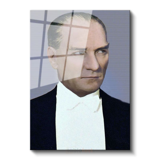 Beyaz Yakalı Atatürk - Mavi Fonda Portre Cam Tablo