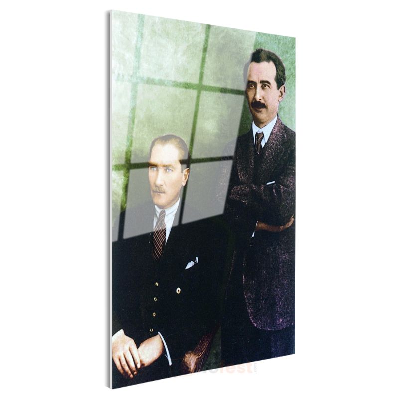 Atatürk ve İnönü - Yeşil Fonlu Tarihi Portre Cam Tablo