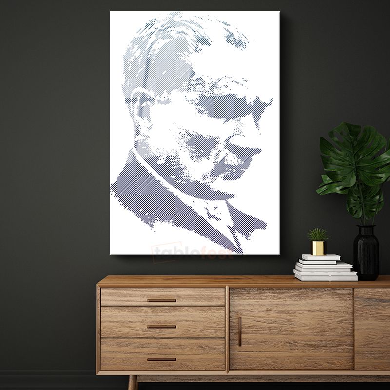 Modern Çizgi Atatürk - Mavi Beyaz Grafik Cam Tablo