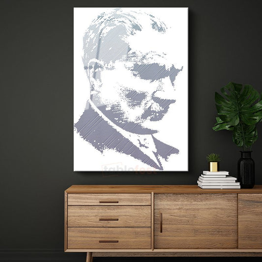 Modern Çizgi Atatürk - Mavi Beyaz Grafik Cam Tablo