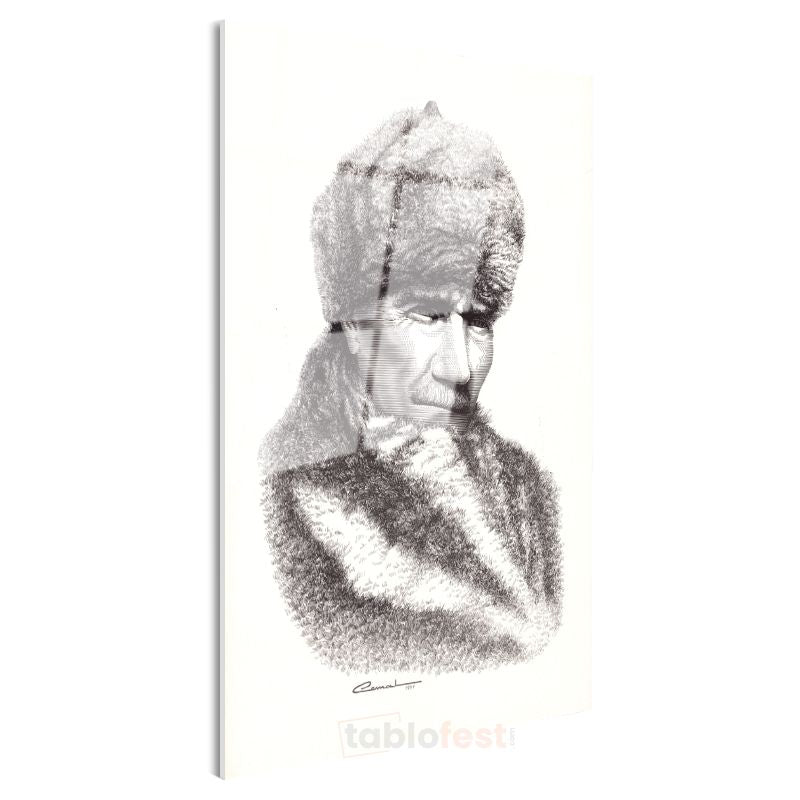 Kürklü Atatürk - Karakalem Kış Portresi Cam Tablo