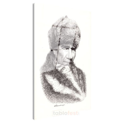 Kürklü Atatürk - Karakalem Kış Portresi Cam Tablo