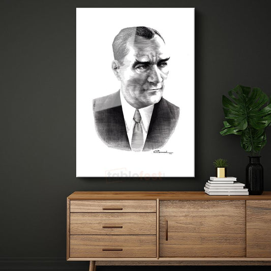 Karakalem Atatürk - İmzalı Portre Cam Tablo