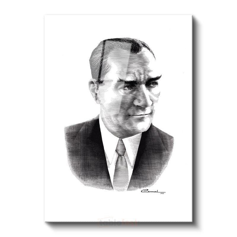 Karakalem Atatürk - İmzalı Portre Cam Tablo