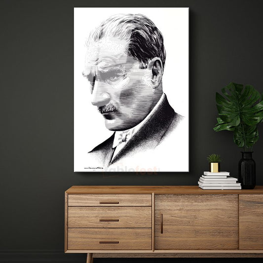 Nokta Çizim Atatürk - Beyaz Fonda Profil Cam Tablo