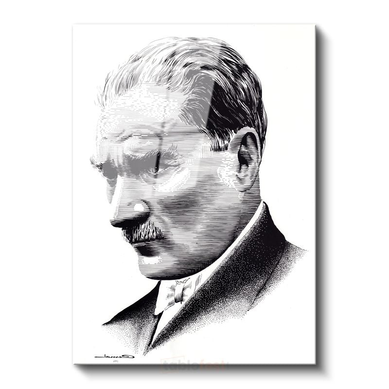 Nokta Çizim Atatürk - Beyaz Fonda Profil Cam Tablo