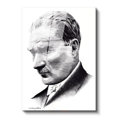 Nokta Çizim Atatürk - Beyaz Fonda Profil Cam Tablo