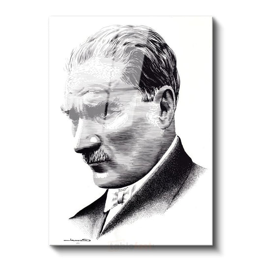 Nokta Çizim Atatürk - Beyaz Fonda Profil Cam Tablo
