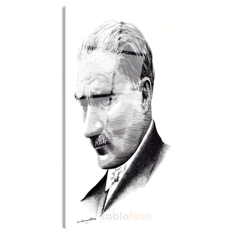Nokta Çizim Atatürk - Beyaz Fonda Profil Cam Tablo