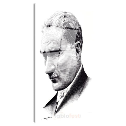 Nokta Çizim Atatürk - Beyaz Fonda Profil Cam Tablo