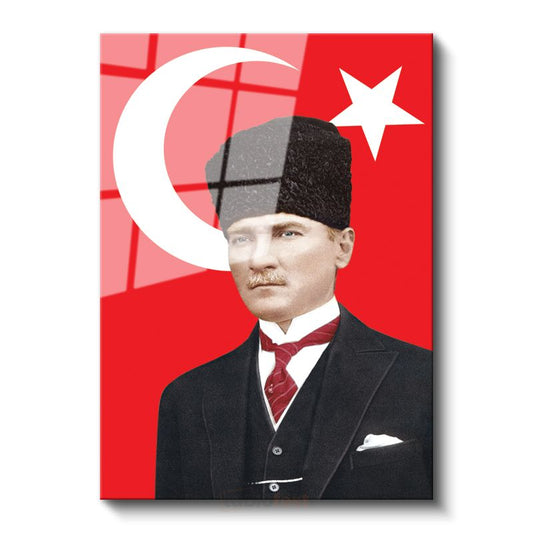 Türk Bayrağı Önünde Atatürk - Kalpaklı Resmi Portre Cam Tablo