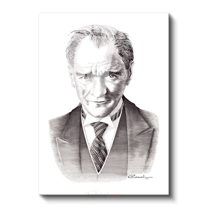 Karakalem Gülümseyen Atatürk - İmzalı Portre Cam Tablo