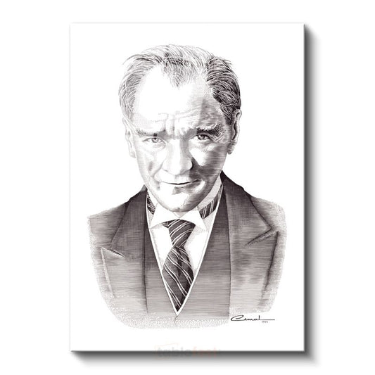 Karakalem Gülümseyen Atatürk - İmzalı Portre Cam Tablo