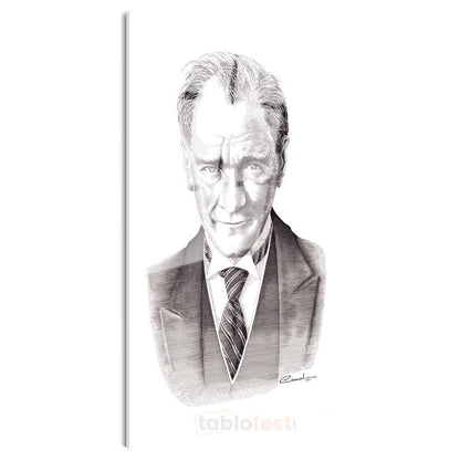 Karakalem Gülümseyen Atatürk - İmzalı Portre Cam Tablo