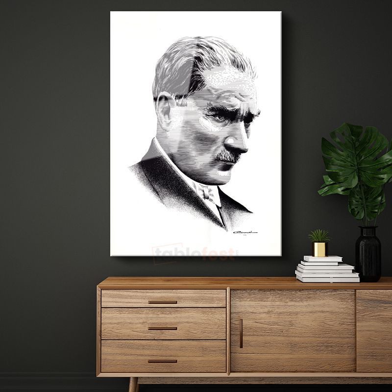Nokta Çizim Atatürk - Beyaz Fonda Portre Cam Tablo