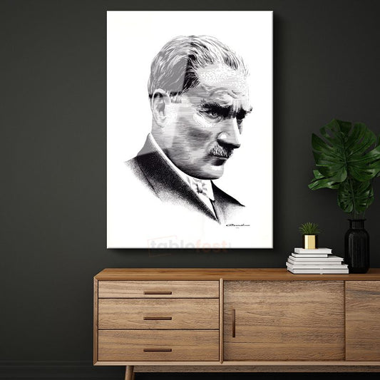 Nokta Çizim Atatürk - Beyaz Fonda Portre Cam Tablo
