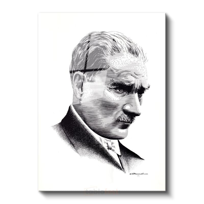Nokta Çizim Atatürk - Beyaz Fonda Portre Cam Tablo