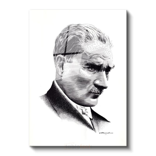 Nokta Çizim Atatürk - Beyaz Fonda Portre Cam Tablo