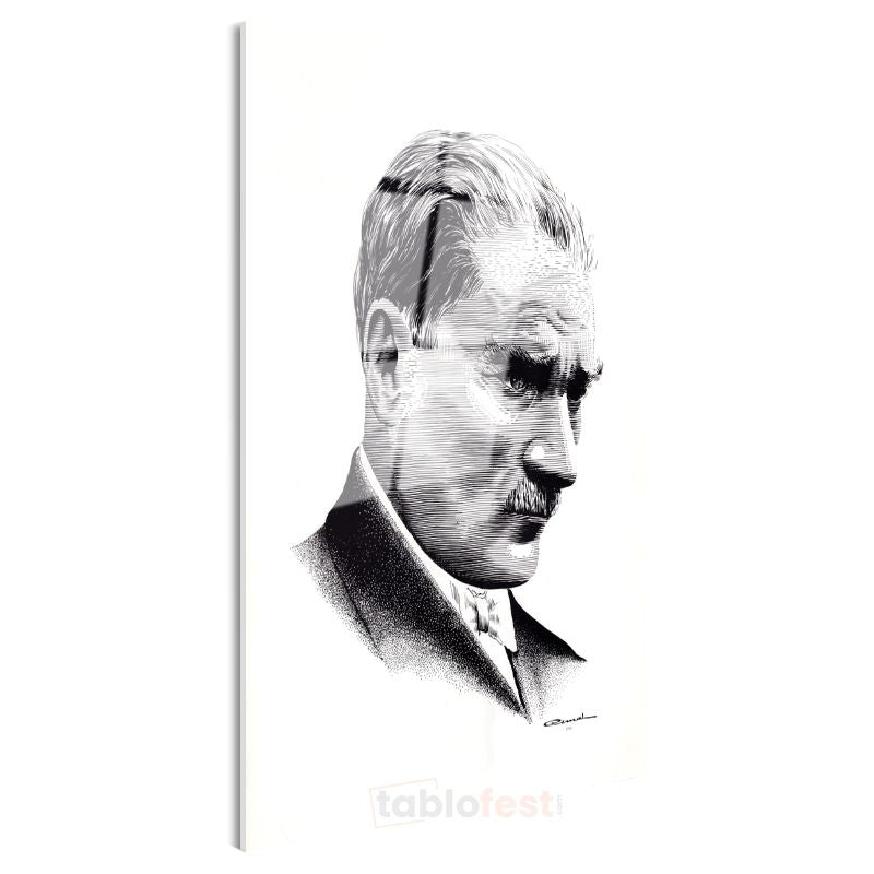 Nokta Çizim Atatürk - Beyaz Fonda Portre Cam Tablo