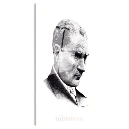 Nokta Çizim Atatürk - Beyaz Fonda Portre Cam Tablo