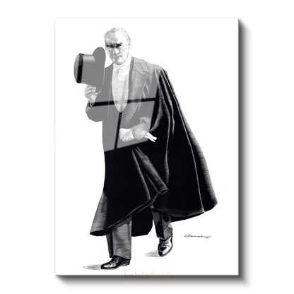Pelerinli Atatürk - Şapkalı Siyah Beyaz Çizim Cam Tablo