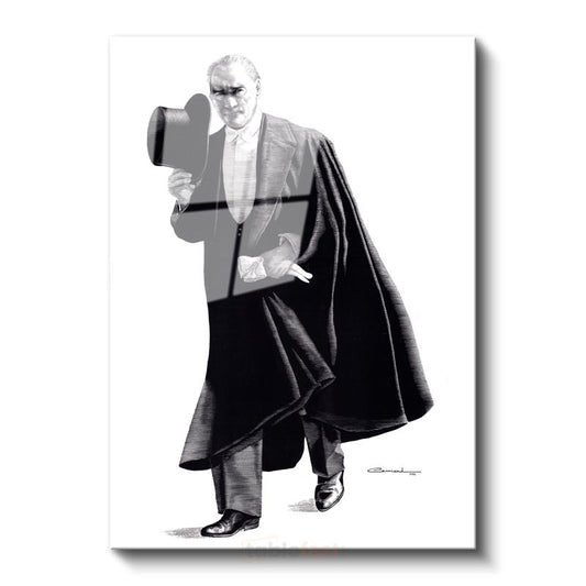 Pelerinli Atatürk - Şapkalı Siyah Beyaz Çizim Cam Tablo