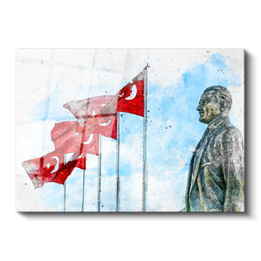 Bayrak ve Atatürk - Suluboya Anıt Cam Tablo