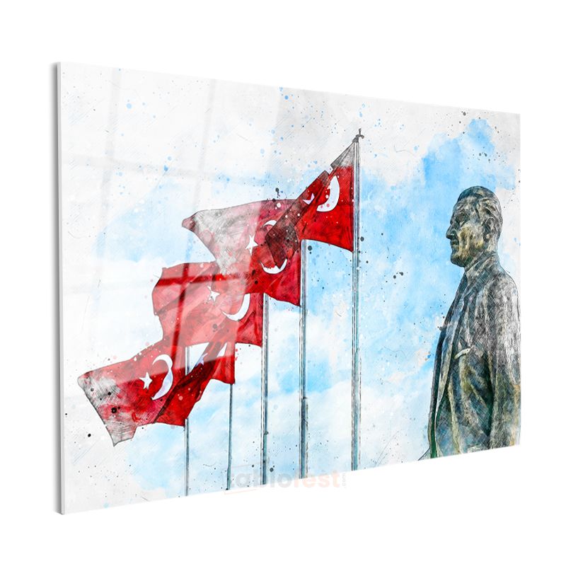 Bayrak ve Atatürk - Suluboya Anıt Cam Tablo