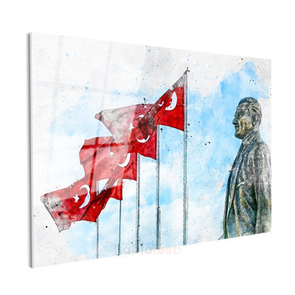 Bayrak ve Atatürk - Suluboya Anıt Cam Tablo