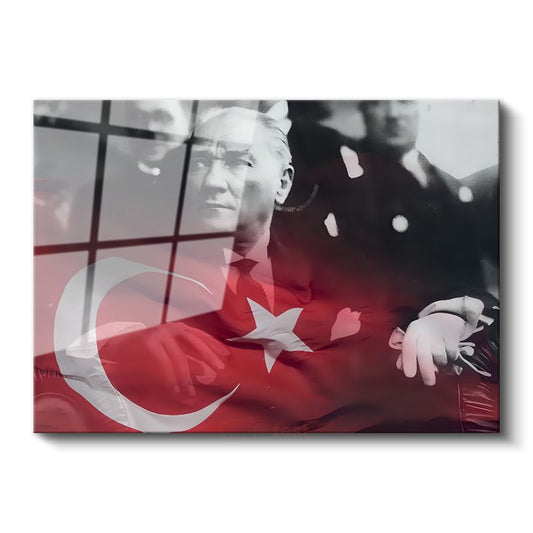 Bayrak Efektli Atatürk - Kırmızı Tonlu Portre Cam Tablo