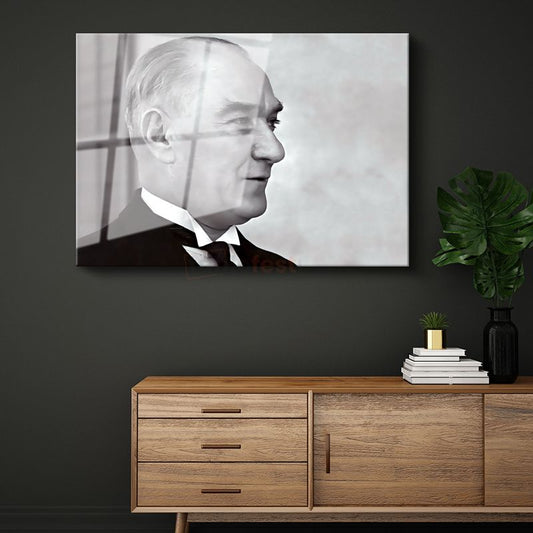 Profil Atatürk - Siyah Beyaz Zarif Portre Cam Tablo