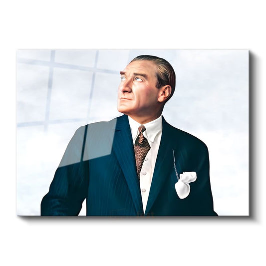 Yukarı Bakan Atatürk - Mavi Takım Elbiseli Cam Tablo