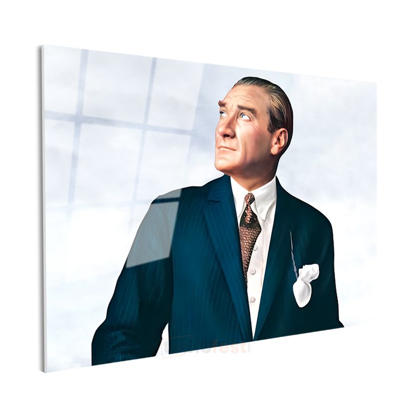 Yukarı Bakan Atatürk - Mavi Takım Elbiseli Cam Tablo