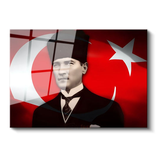 Kalpaklı Atatürk - Türk Bayrağı Fonlu Cam Tablo