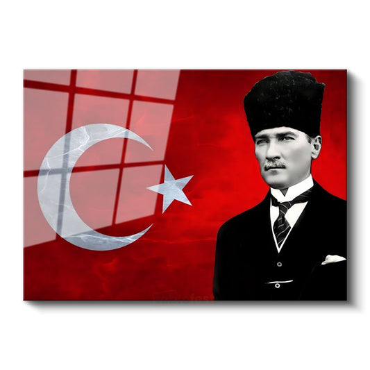 Kalpaklı Atatürk - Kırmızı Bayrak Fonlu Portre Cam Tablo