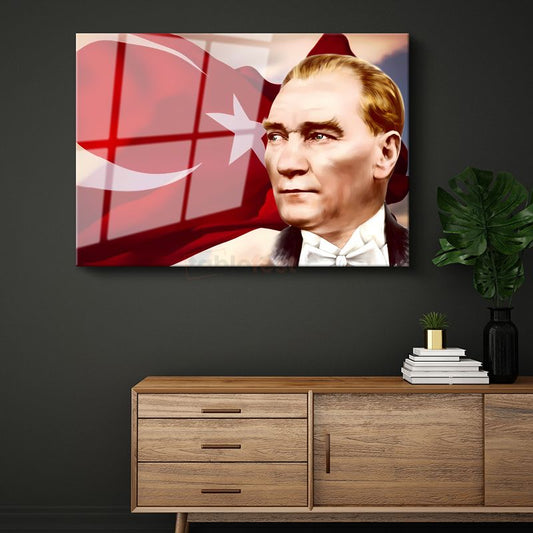 Bayrak Fonlu Atatürk - Papyonlu Profil Cam Tablo