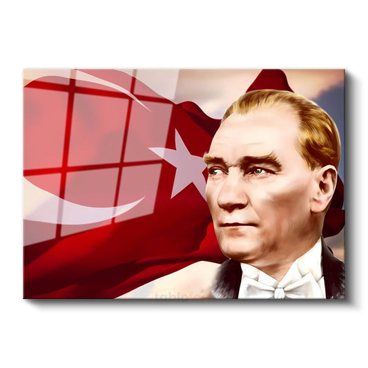 Bayrak Fonlu Atatürk - Papyonlu Profil Cam Tablo