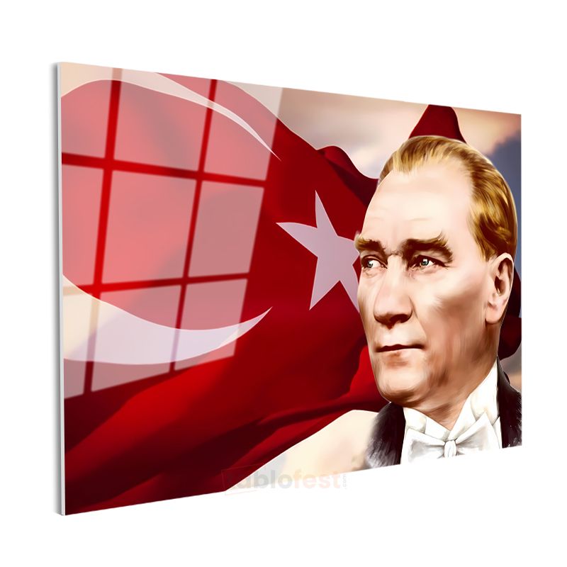 Bayrak Fonlu Atatürk - Papyonlu Profil Cam Tablo