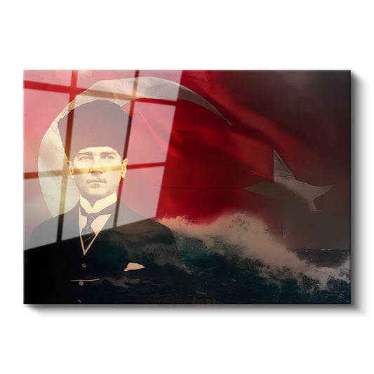 Dalgalı Bayrak - Kalpaklı Atatürk Portresi Cam Tablo