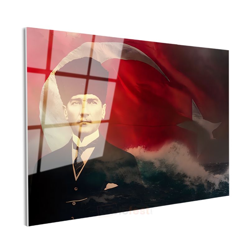 Dalgalı Bayrak - Kalpaklı Atatürk Portresi Cam Tablo