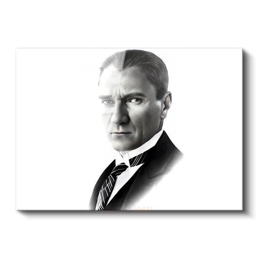Beyaz Fonlu Atatürk - Siyah Beyaz Portre Cam Tablo